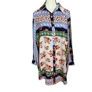 Acoa Button Down Shirt Dress Tunic Womens Small Floral Bohemian Preppy Satin